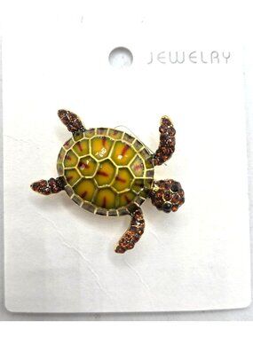 Turtle Enamel Brooch   With Rhinestone Details Green & Brown